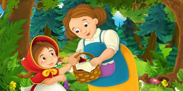 Kırmızı başlıklı kız ve anne orman, çocuklar için renkli resimde yürüyüş ile karikatür manzara