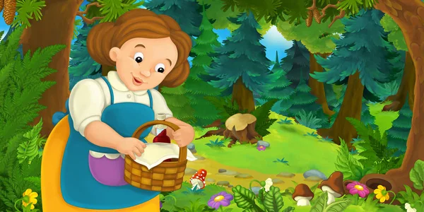 Orman, çocuklar için renkli resimde yürüyüş sepeti ile şirin kız ile çizgi film sahne