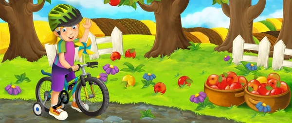 Scena Szczęśliwy Dziewczyna Zabawy Jeżdżenie Rower Ogród Kolorowych Ilustracji Dla — Zdjęcie stockowe