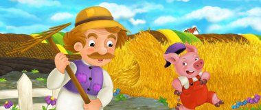 Komisyon ve sevimli domuz kaçmak, çocuklar için renkli resimde çalışma çiftçi ile karikatür çiftlik sahne