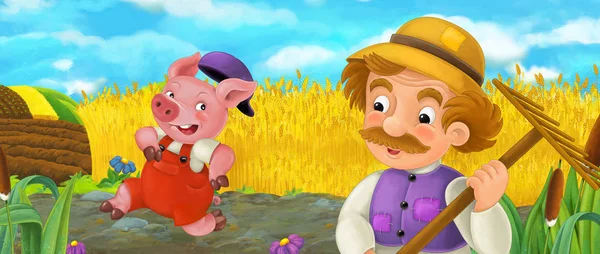 Cena Fazenda Desenhos Animados Com Agricultor Trabalhando Com Ancinho Porco — Fotografia de Stock