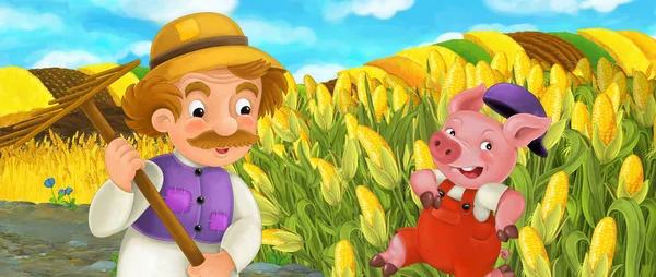 cartoon farm scene with farmer working with rake and cute pig running away, colorful illustration for children