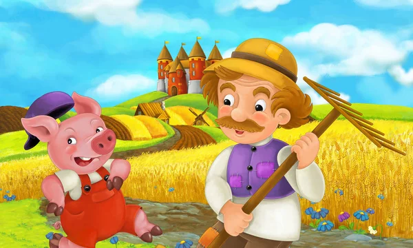 动画片农场场面与农夫工作用耙和逗人喜爱的猪奔跑 五颜六色的例证为孩子 — 图库照片