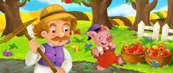 Cena Fazenda Desenhos Animados Com Agricultor Trabalhando Com Ancinho Porco — Fotografia de Stock