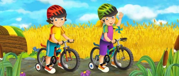 Cena Dos Desenhos Animados Com Crianças Felizes Divertindo Andar Bicicleta — Fotografia de Stock