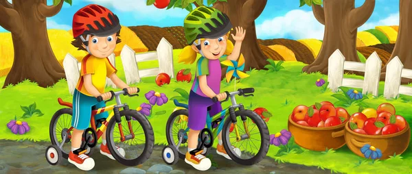 卡通场面与愉快的孩子 有乐趣和骑自行车 五颜六色的例证为孩子 — 图库照片