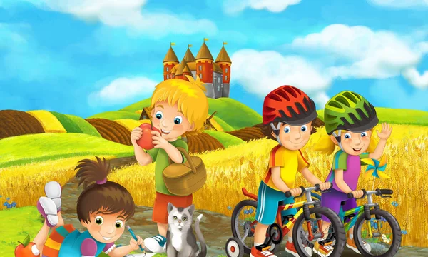 Scena Dei Cartoni Animati Con Gruppo Bambini Divertirsi Andare Bicicletta — Foto Stock