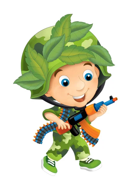 Γελοιογραφία Σκηνή Happy Kid Ντυμένος Σαν Στρατιώτης Πολύχρωμο Εικονογράφησης Για — Φωτογραφία Αρχείου