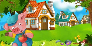 sahne sevimli domuzcuk elma geleneksel köy, çocuklar için renkli resimde holding ile çizgi film