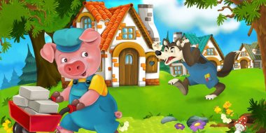 çizgi film sahne piglet el arabası geleneksel köy içinde çocuklar için renkli resimde ile takip kurt ile