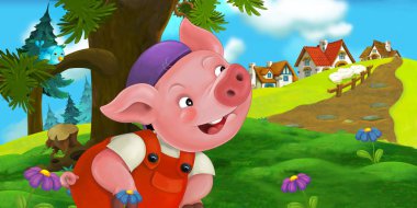 geleneksel köy içinde sevimli domuzcuk, çocuklar için renkli resimde ile çizgi film sahne