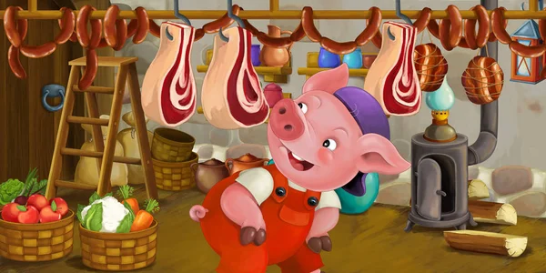 cartoon scene with pig in pantry full of meat food, colorful illustration for children