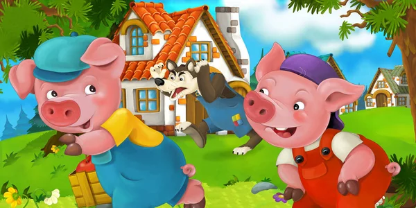 cartoon scene with wolf following piglets in traditional village, colorful illustration for children
