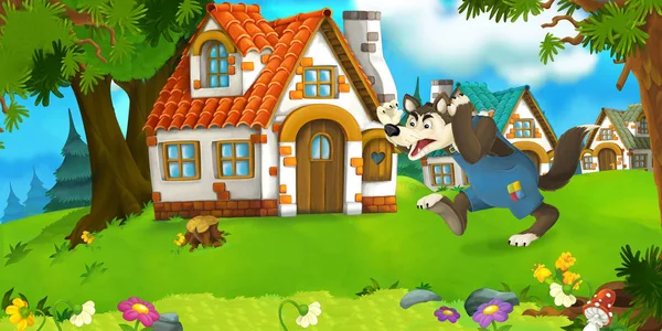 cartoon scene with wolf farmer near traditional village, colorful illustration for children