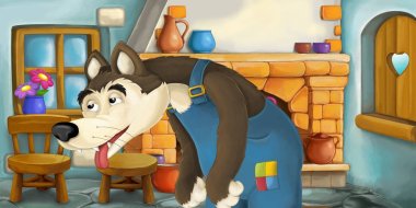 Mutfakta kötü kurt, çocuklar için renkli resimde ile çizgi film sahne