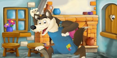 Mutfakta kötü kurt, çocuklar için renkli resimde ile çizgi film sahne