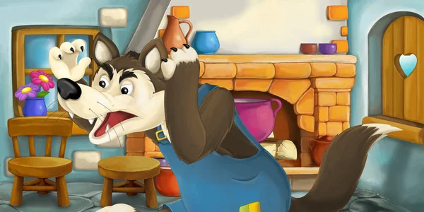 cartoon scene with bad wolf in kitchen, colorful illustration for children