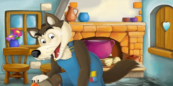 Kreslený Scény Bad Wolf Kuchyni Barevné Ilustrace Pro Děti — Stock fotografie