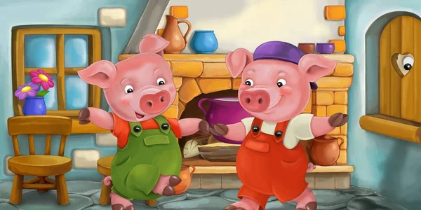 Kreskówka Scena Dwa Słodkie Świnki Kuchni Kolorowe Ilustracja Dla Dzieci — Zdjęcie stockowe