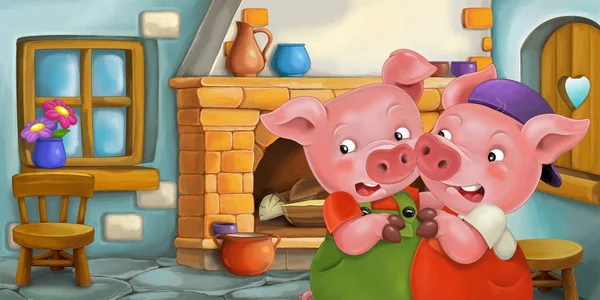Escena Dibujos Animados Con Dos Cerdos Lindos Cocina Ilustración Colorida —  Fotos de Stock