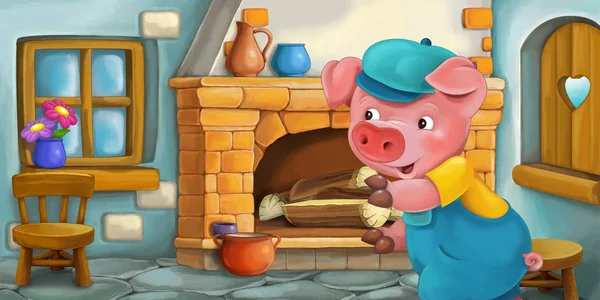cartoon scene of pig in kitchen, colorful illustration for children