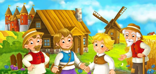 Cartoon Scene Medieval Farmers Standing Together Smiling Beautiful Castle Background — Stock Photo, Image