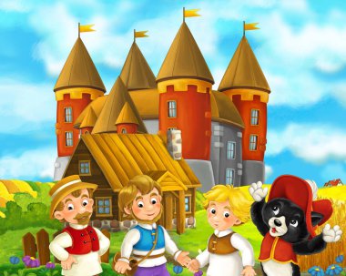 Ortaçağ çiftçiler ve kedi birlikte ayakta ve arka plan, çocuklar için renkli resimde gülümseyen, güzel Şato ile sahne çizgi film