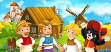 Ortaçağ çiftçiler ve kedi birlikte ayakta ve arka plan, çocuklar için renkli resimde gülümseyen, güzel Şato ile sahne çizgi film