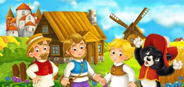 Ortaçağ çiftçiler ve kedi birlikte ayakta ve arka plan, çocuklar için renkli resimde gülümseyen, güzel Şato ile sahne çizgi film