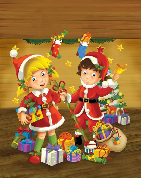 Cartoon Scene Boy Girl Dressed Santa Claus Room Christmas Tree — Stock Photo, Image