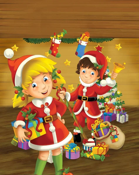 卡通场面与男孩和女孩打扮成圣诞老人在房间里与圣诞树和礼物 五颜六色的插图为儿童 — 图库照片