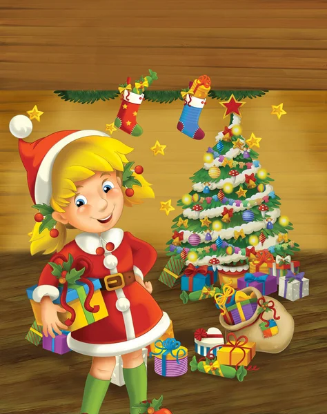 卡通场景与女孩打扮成圣诞老人在房间里的圣诞树和礼物 彩色插画儿童 — 图库照片