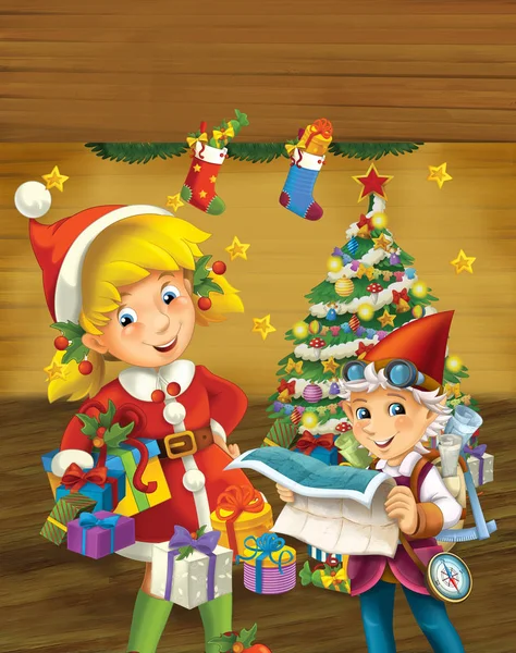 Cartoon Scene Christmas Girl Elf Standing Decorated Christmas Tree Colorful — Stock Photo, Image
