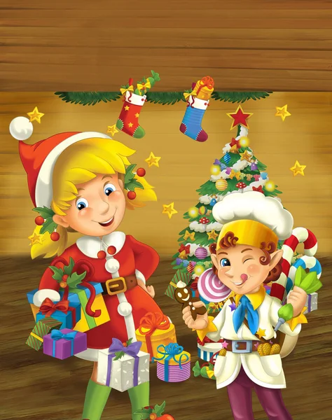 クリスマスの女の子と飾られたクリスマス ツリー 子供用のカラフルなイラストに近いエルフ立って漫画シーン — ストック写真