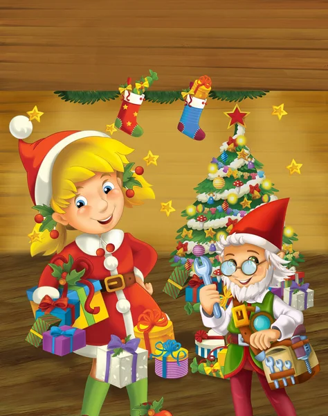 卡通场景与圣诞女孩和精灵站在附近装饰圣诞树 彩色插画儿童 — 图库照片