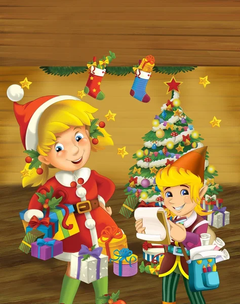 Çizgi Film Sahne Noel Kız Elf Ayakta Dekore Edilmiş Noel — Stok fotoğraf