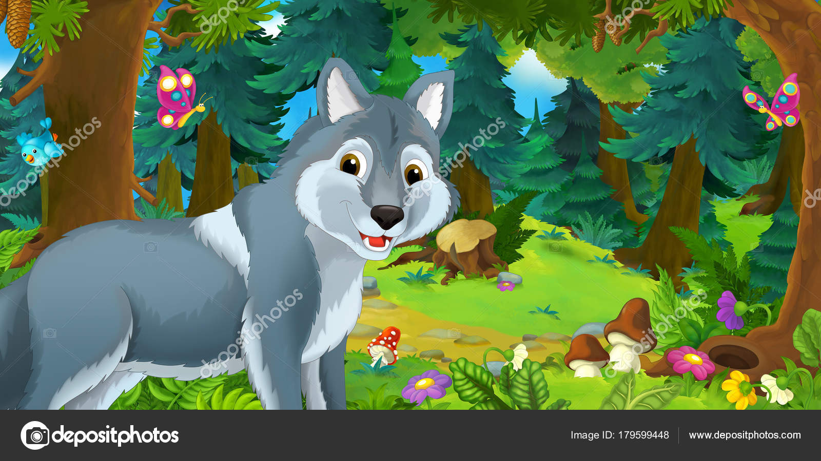 Scena Del Fumetto Con Felice Divertente Lupo Nella Foresta Illustrazione — Foto Stock