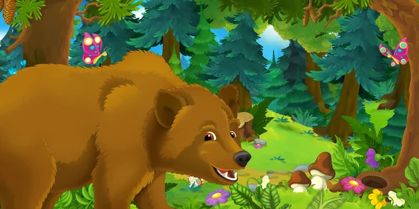 cartoon scene with happy and funny bear in the forest - with space for text - illustration for children