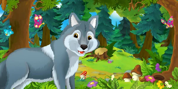 Scène Dessin Animé Avec Loup Heureux Drôle Dans Forêt Illustration — Photo