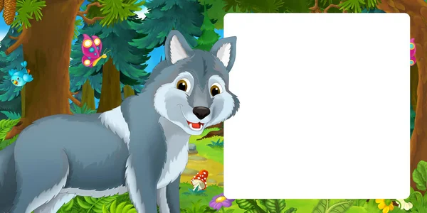 cartoon scene with happy and funny wolf in the forest - illustration for children