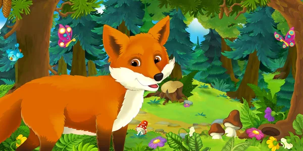 卡通场面与愉快和滑稽的狐狸在森林 例证为孩子 — 图库照片