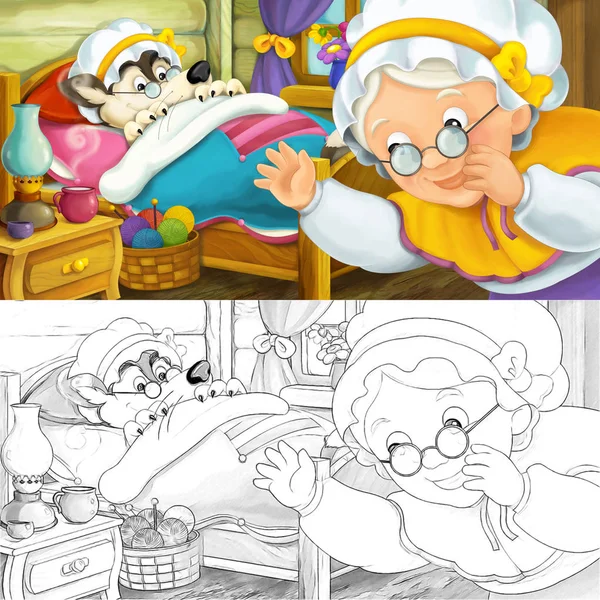 Cartoon scene with grandmother and wolf, illustration for children