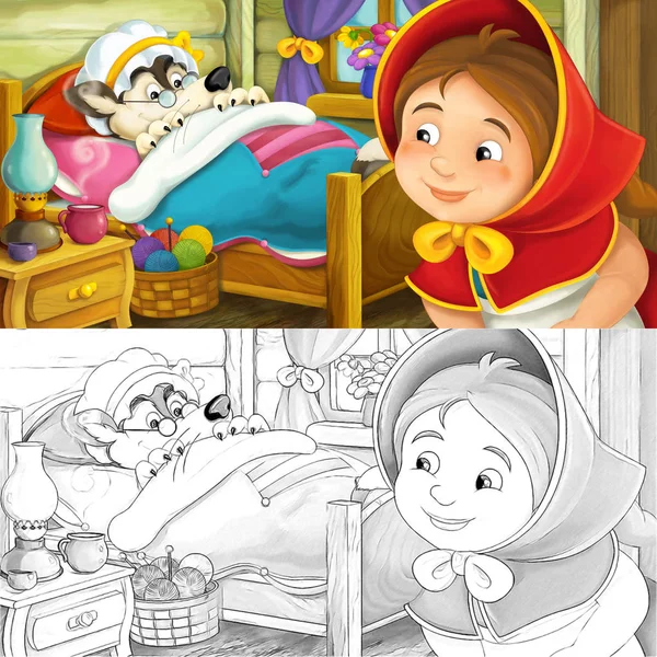 Cartoon Scen Med Flickan Och Vargen Illustration För Barn — Stockfoto