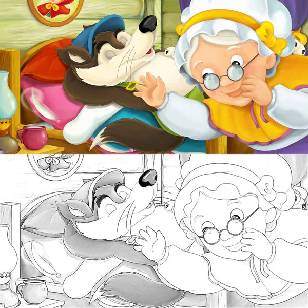 Escena Dibujos Animados Con Abuela Lobo Ilustración Para Niños — Foto de Stock