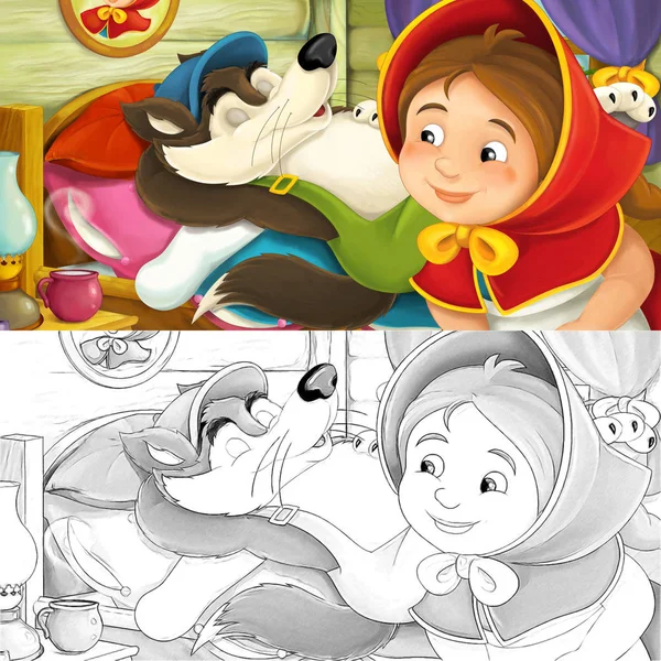 Cartoon scene with girl and wolf, illustration for children