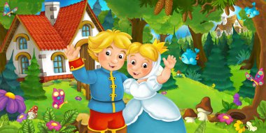 Çizgi film kadın ve erkek arka plan ev ile el sallayarak