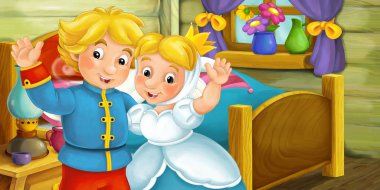 Çizgi film çift yatak odasında el sallayarak