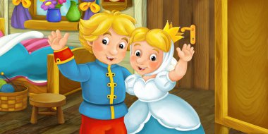 Çizgi film çift yatak odasında el sallayarak