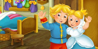 Çizgi film çift yatak odasında el sallayarak