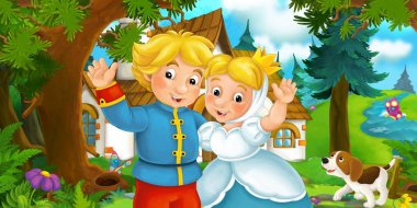 Çizgi film kadın ve erkek arka plan ev ile el sallayarak